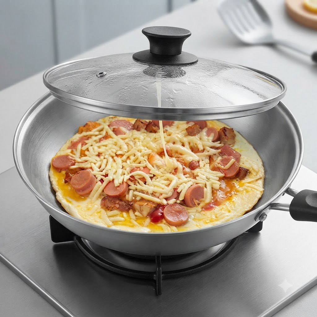 Une poêle couverte dun couvercle en verre transparent posée sur un brûleur de cuisinière.