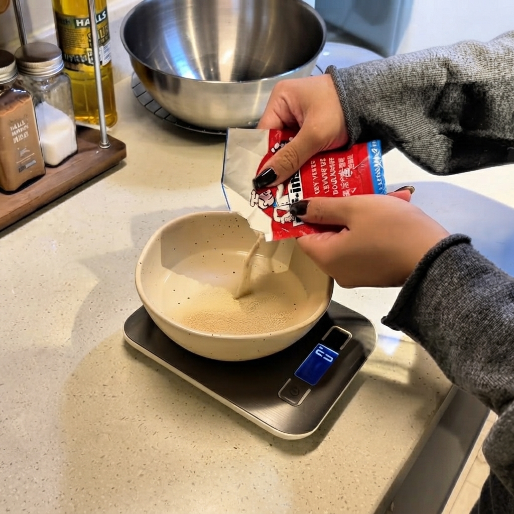 De la levure sèche versée dun sachet rouge dans un petit bol en céramique posé sur une balance numérique remplie deau.
