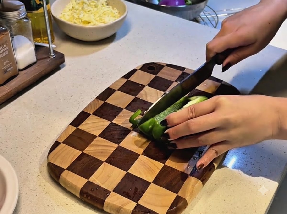 Un couteau de cuisine coupant un poivron vert frais sur une plancha à découper en bois à motifs damier.