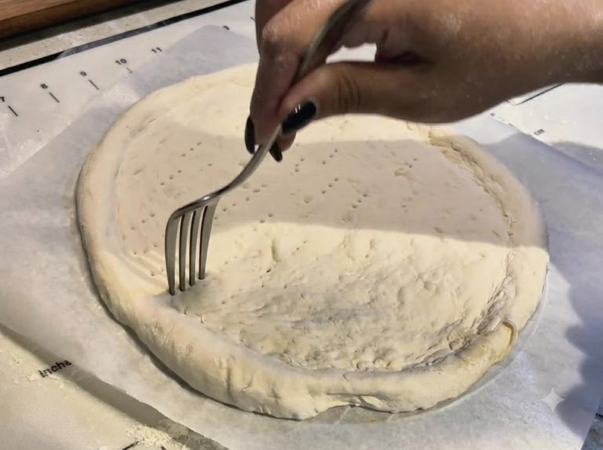 Une main utilisant une fourchette en métal pour piquer de petits trous réguliers au centre dune croûte de pizza étirée.