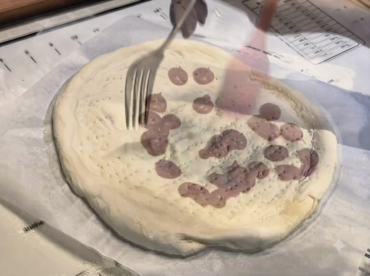 Une spatule en silicone rose étalant doucement des points de sauce pour pizza au centre de la pâte.