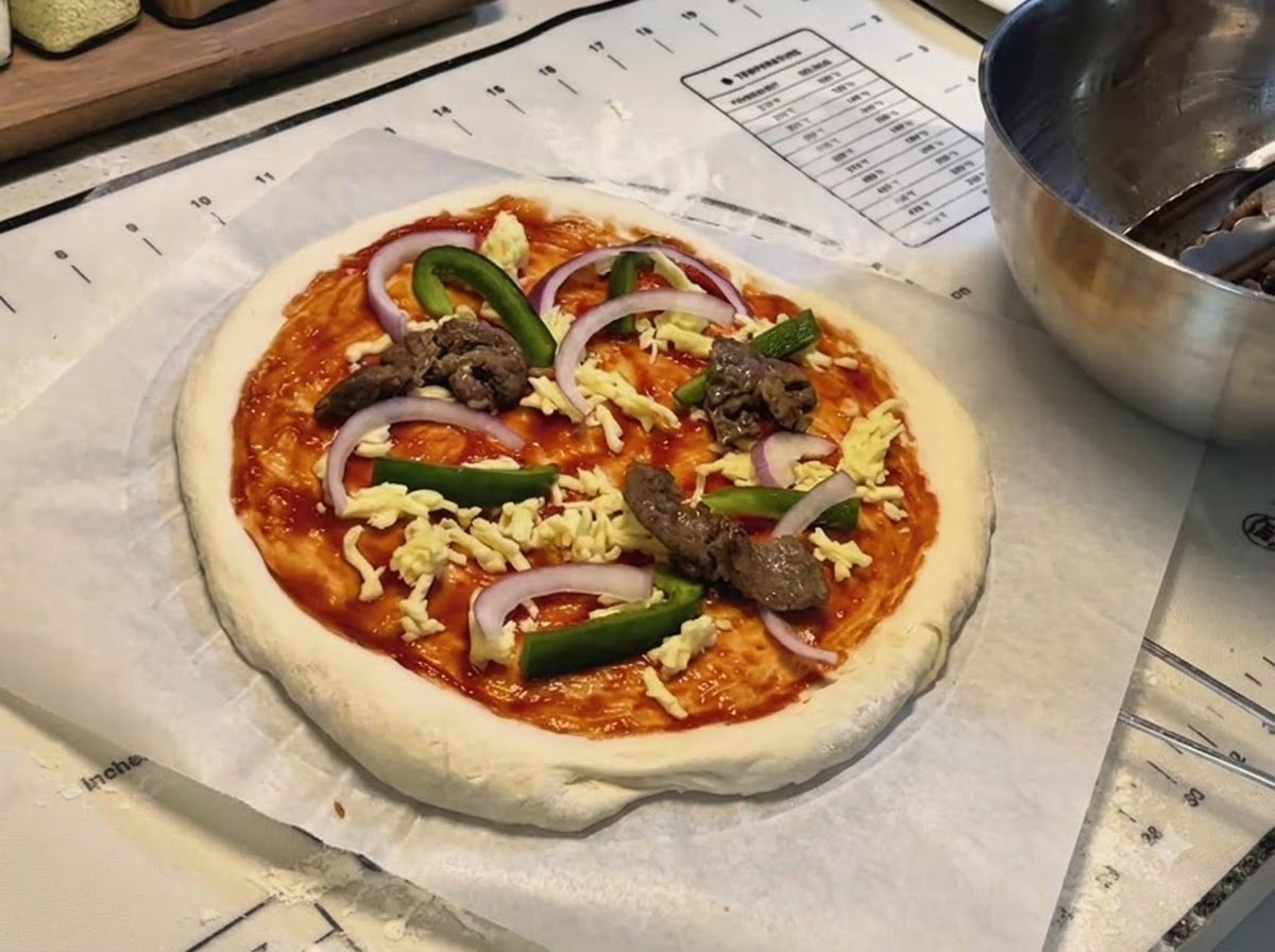 Une base de pizza garnie de sauce tomate, de fromage râpé, de lanières de poivrons, doignons rouges et de morceaux de bœuf cuits.