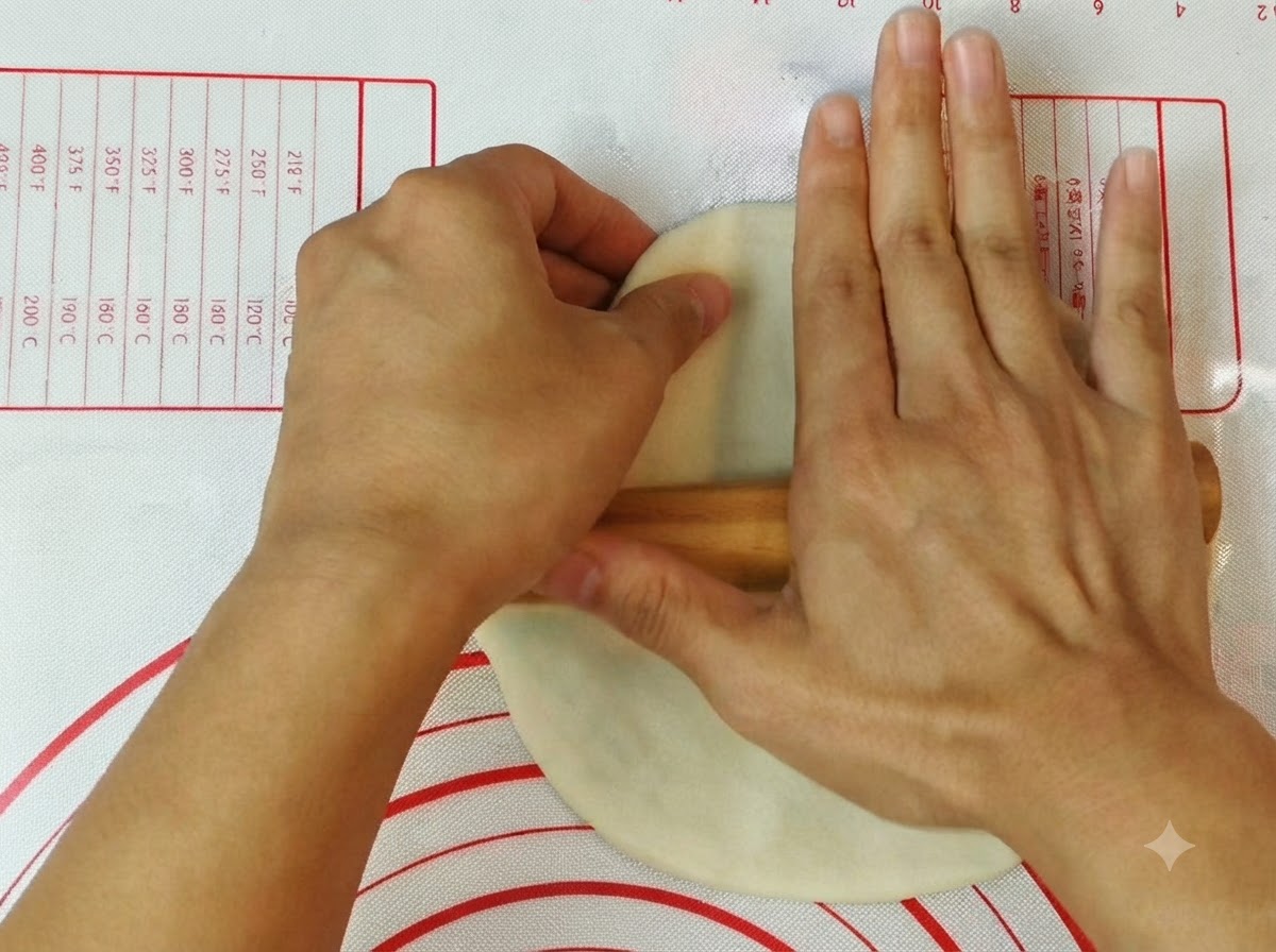 Mains utilisant un rouleau a patisserie en bois pour aplatir et faconner la pate a pizza sur un tapis en silicone.