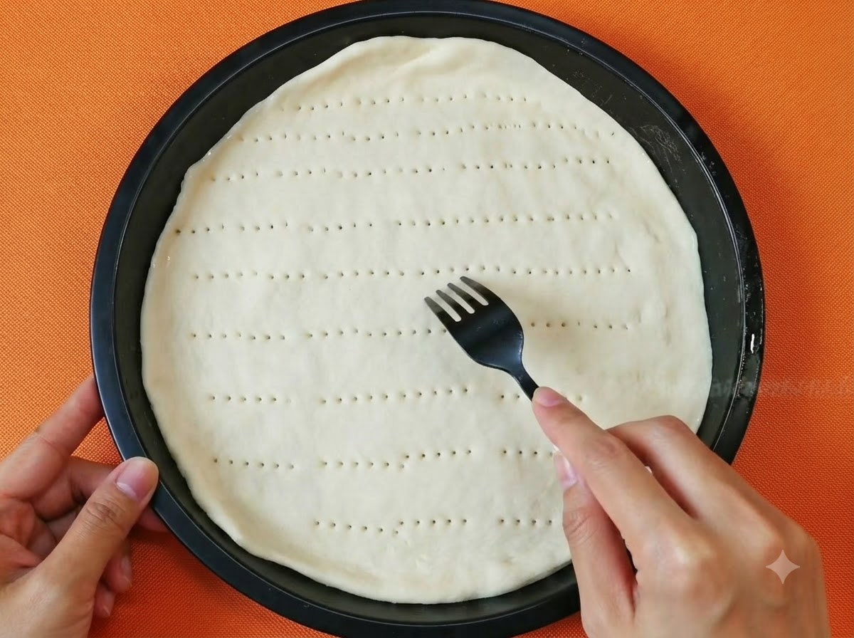 Une main utilisant une fourchette en plastique noire pour percer de petits trous sur la pate a pizza blanche plate dans un moule noir.