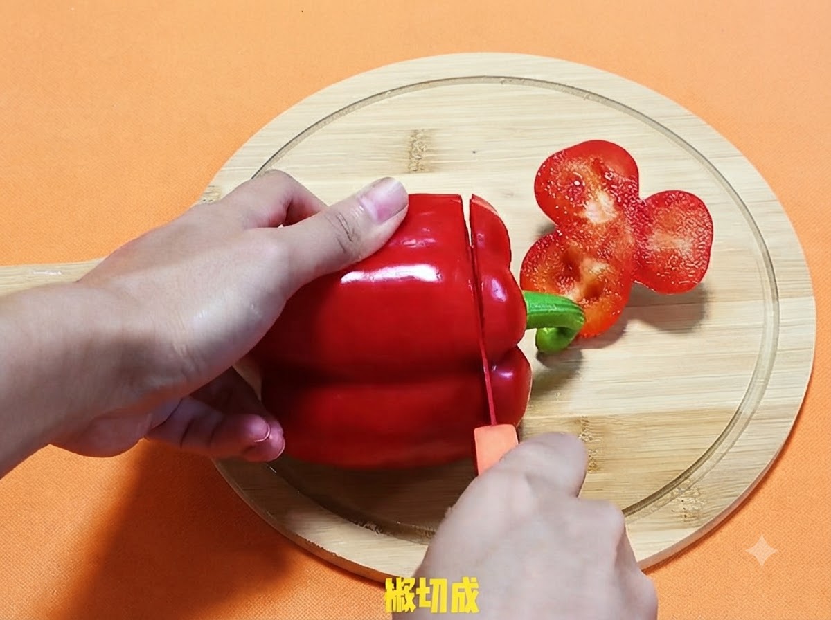 Une personne tranchant un grand poivron rouge sur une planche a decouper ronde en bois avec un petit couteau a manche orange.