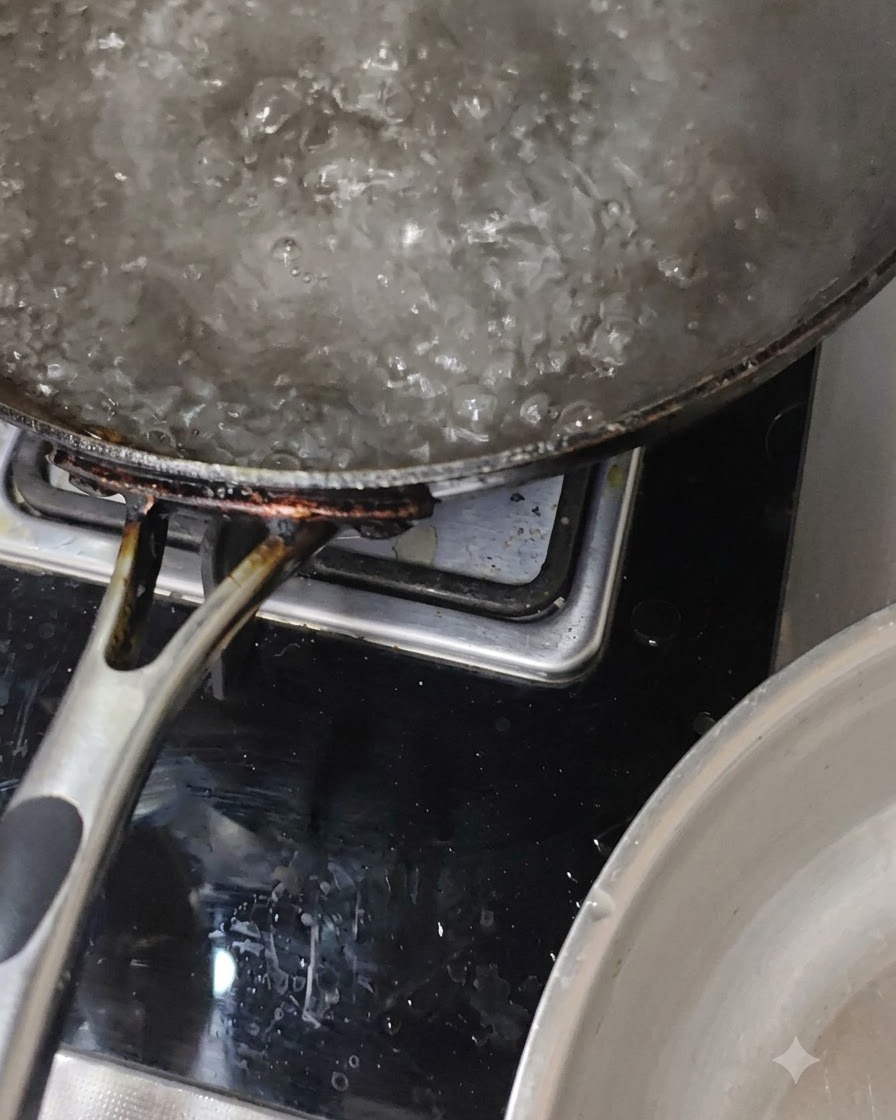 Une casserole deau bouillante sur la cuisinière qui bouillonne activement pendant le processus de cuisson.