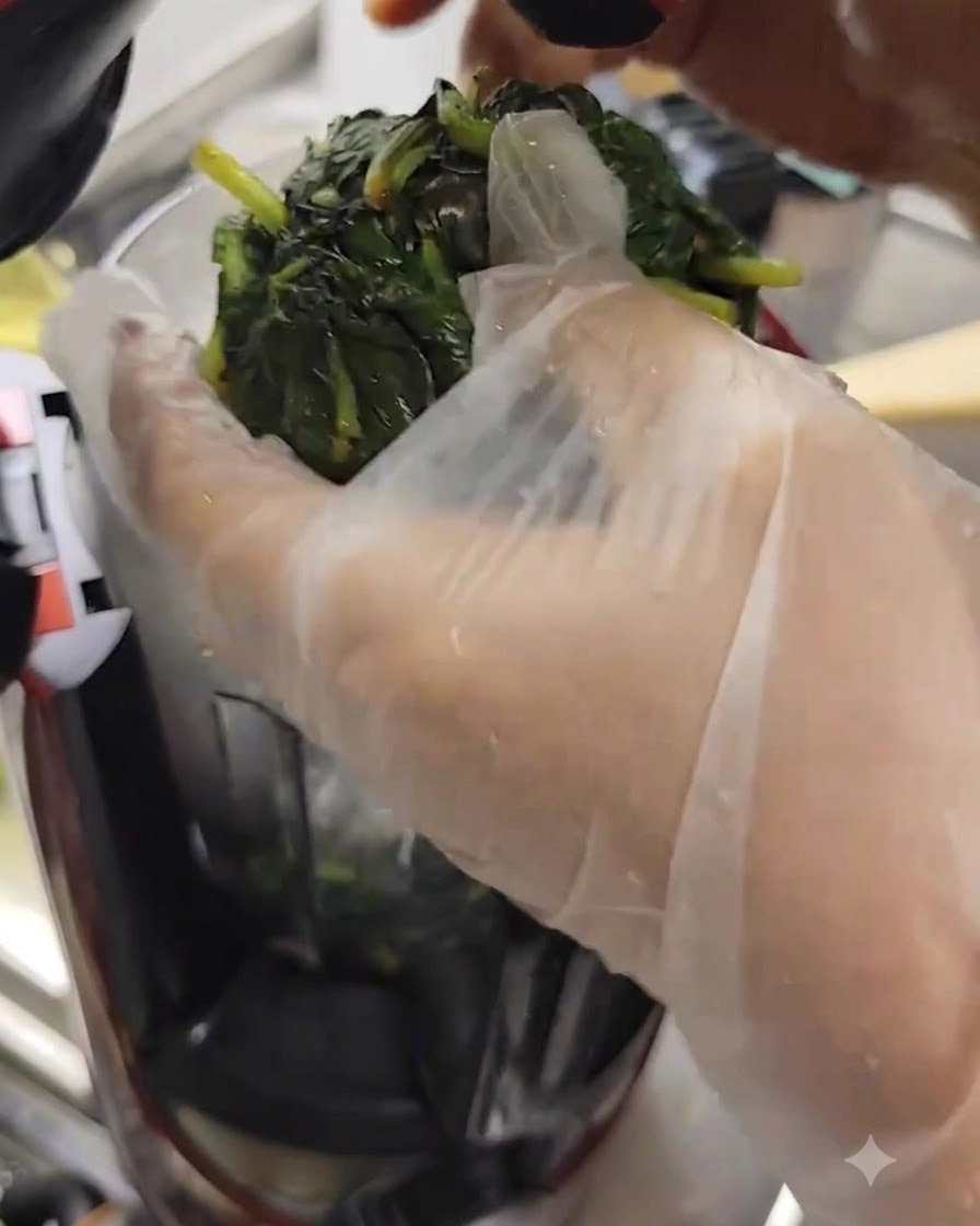 Mains gantées serrant fermement une boule de feuilles de basilic mouillées pour égoutter le liquide.