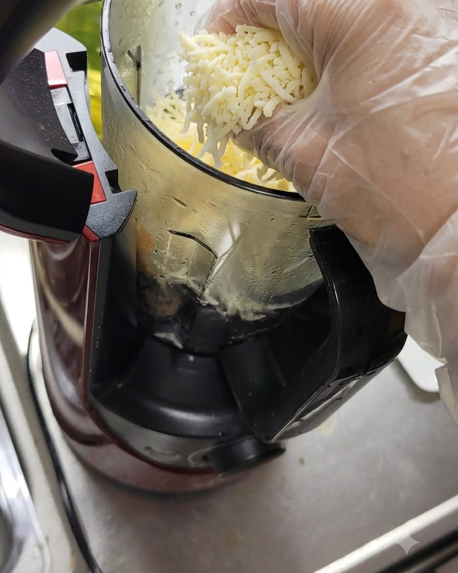 Une main gantée ajoutant du fromage fraîchement râpé dans le bol du mixeur contenant le basilic.