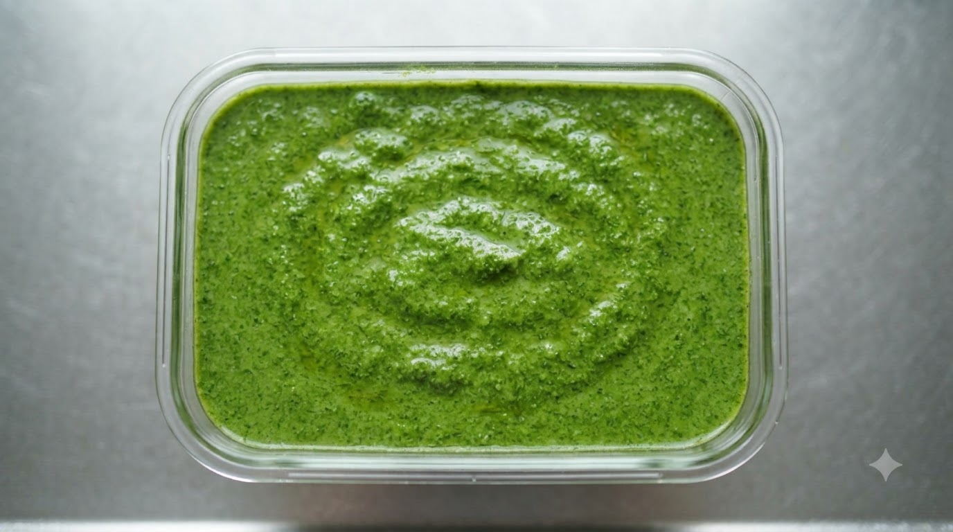 Un récipient rempli de sauce pesto au basilic vert vibrant fait maison
