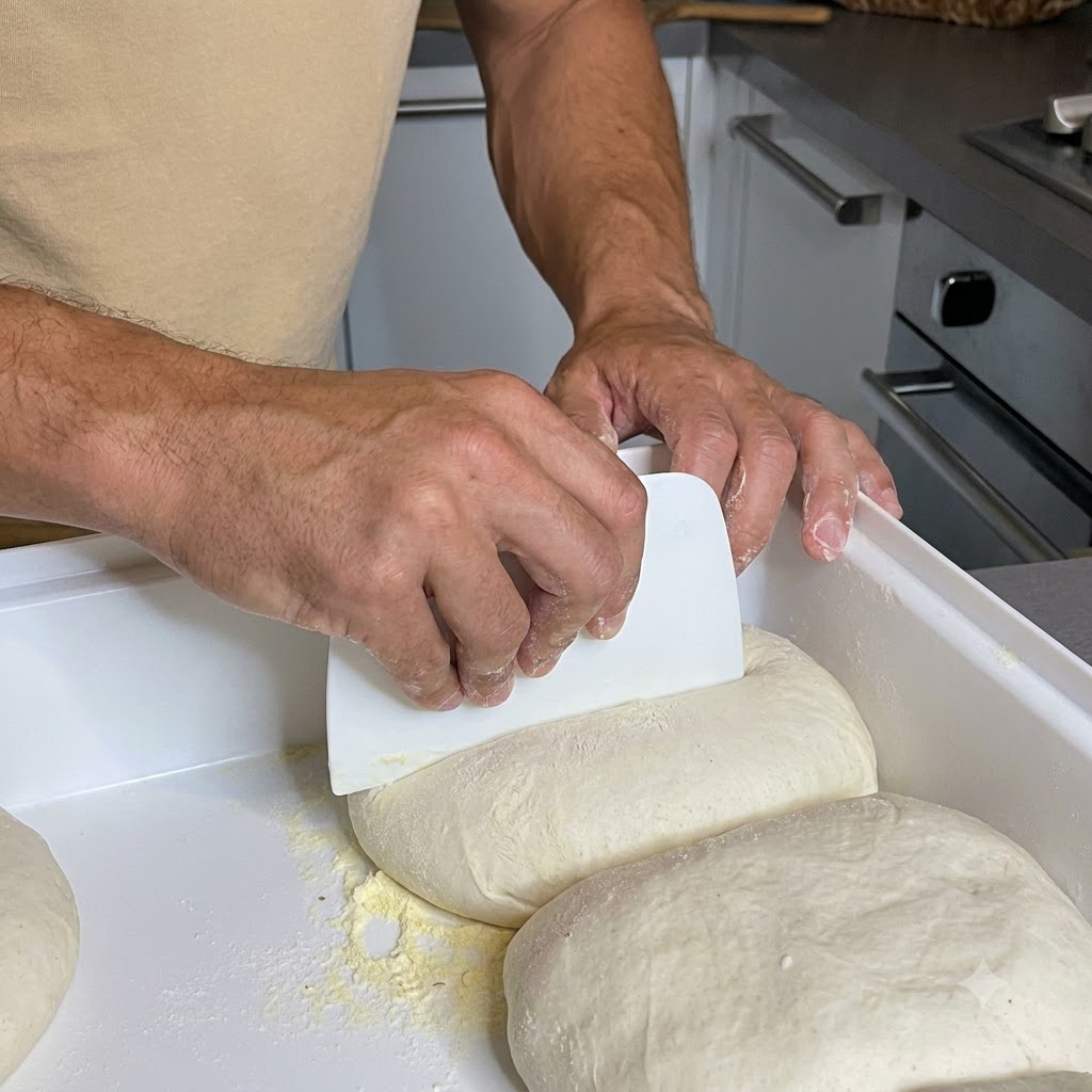 Une personne soulevant un pâton de pizza à laide dune cornette depuis un récipient blanc vers une surface recouverte de semoule de maïs.