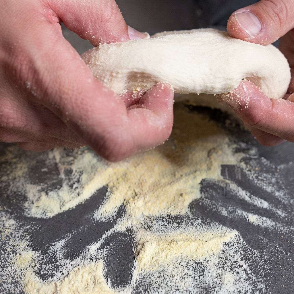 Gros plan de mains étirant un morceau de pâte à pizza ronde sur un plan de travail sombre parsemé de semoule de maïs.