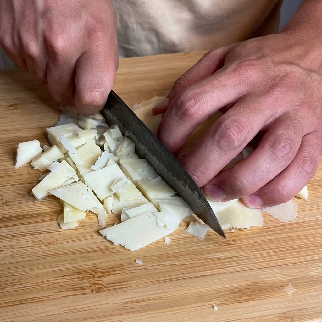 Un couteau tranchant du fromage sur une planche à découper en bois avec des morceaux prêts à être mixés.