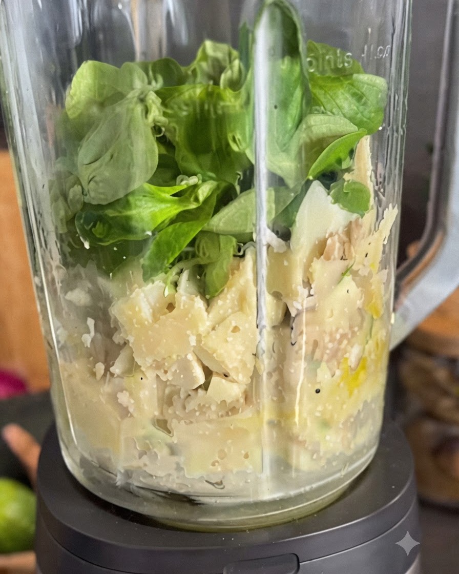De la sauce pesto vert vif sécoulant du bol dun mixeur vers un bocal de conservation.