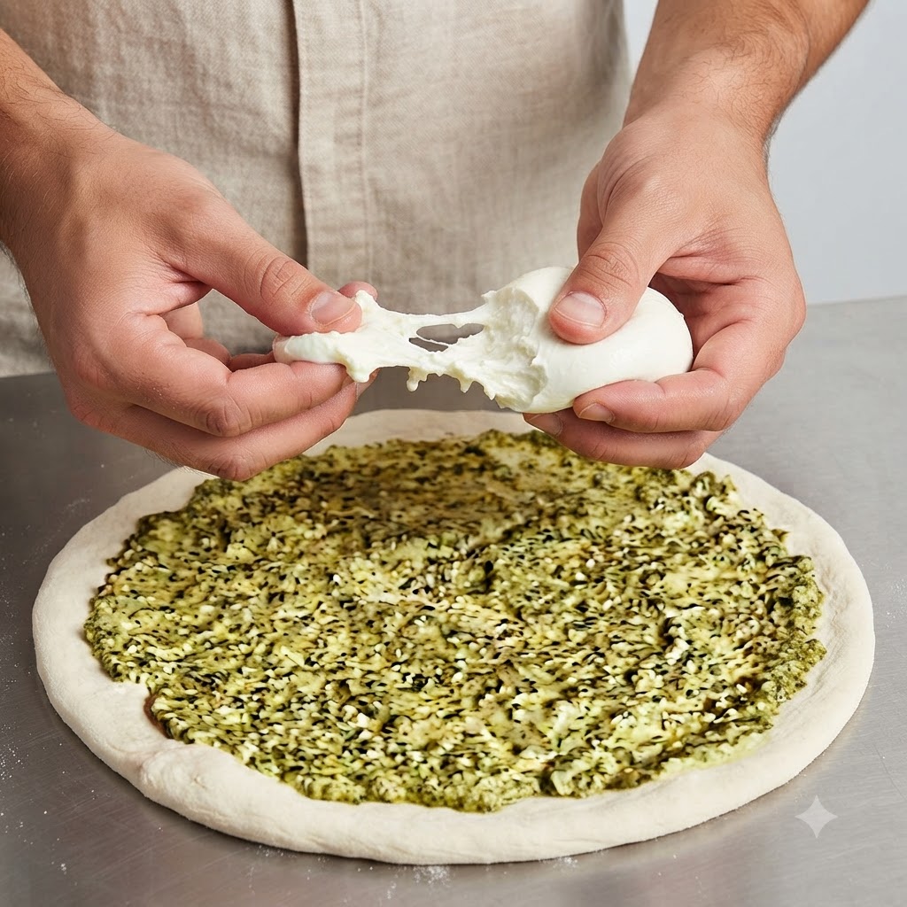 Des mains déchirant et disposant des morceaux de fromage blanc sur la base de pizza recouverte de pesto.