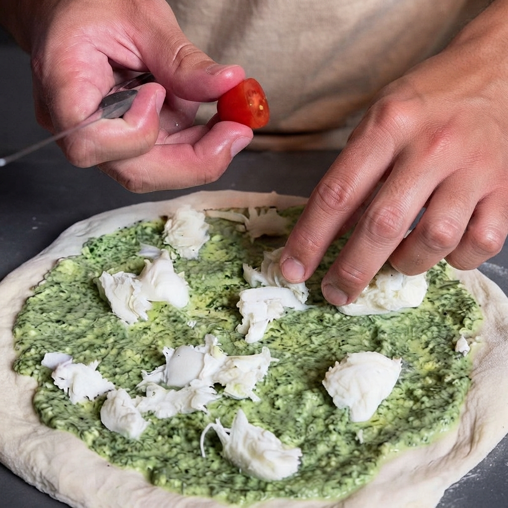 Gros plan de mains disposant des moitiés de tomates cerises sur la pizza en cours dassemblage.