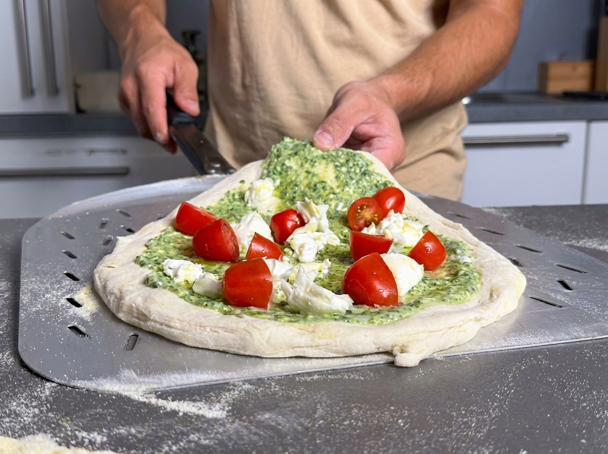 Une pelle à pizza en métal transportant la pizza préparée vers un four à pizza bien chaud.