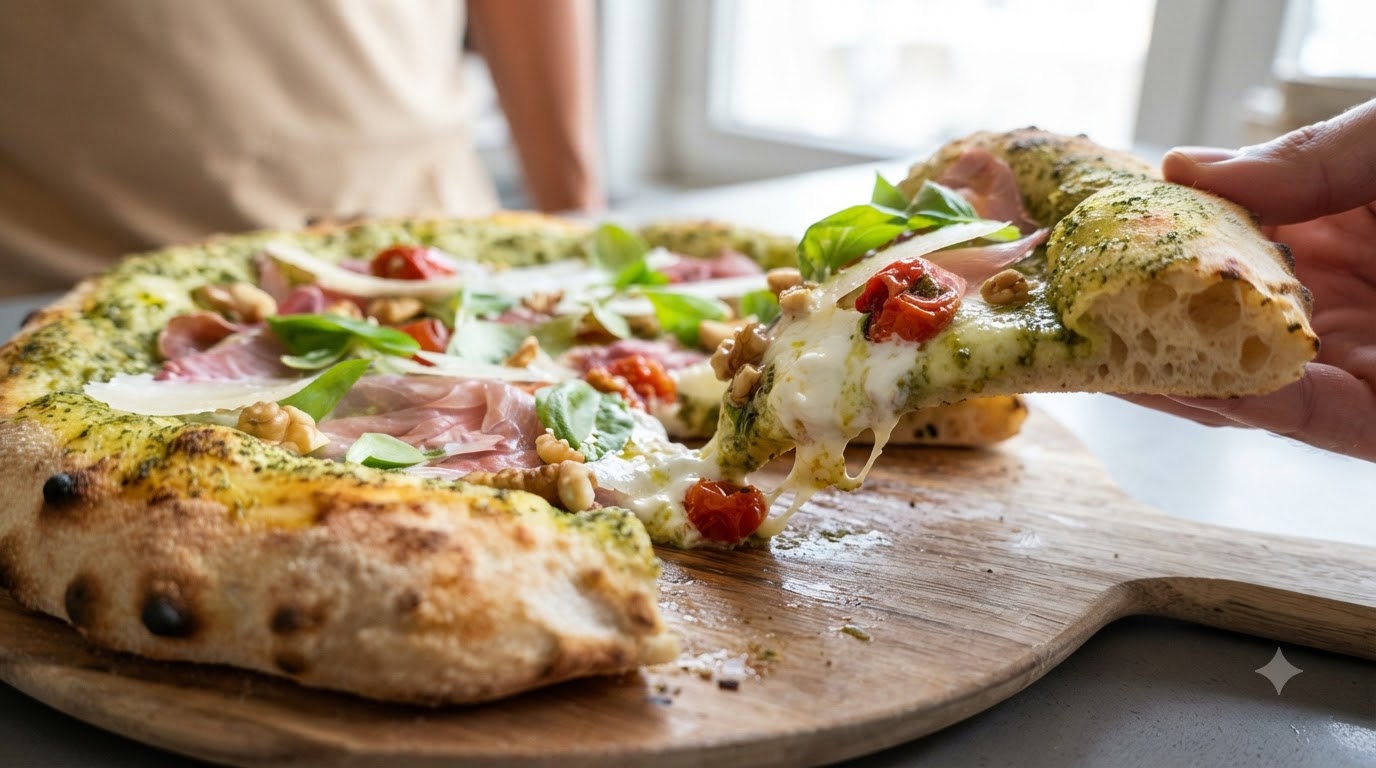 Pizza napolitaine au pesto, burrata, prosciutto et noix