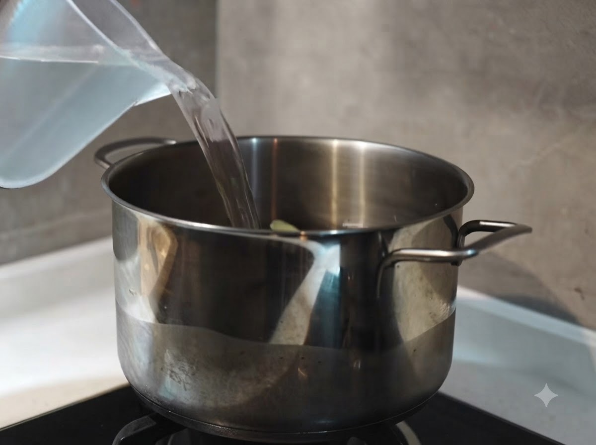 Verser de leau dun pichet en plastique dans une marmite en acier inoxydable remplie dos de porc crus, doignons verts et de tranches de gingembre.