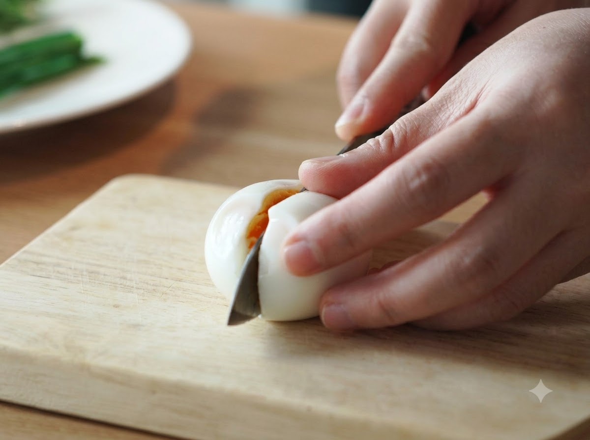 Couper un œuf mollet écalé en deux avec un couteau sur une planche en bois pour révéler son jaune coulant et orangé.