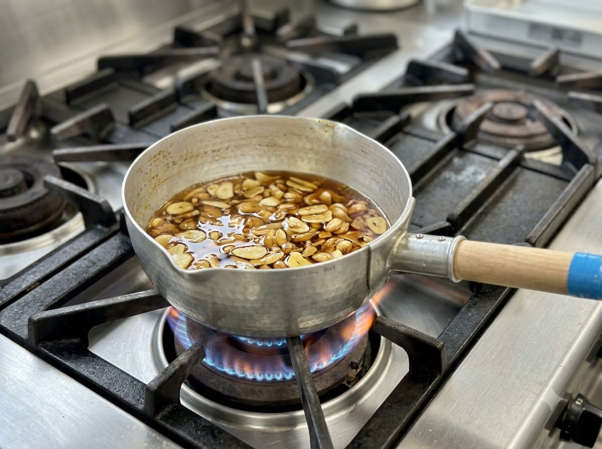 Tranches dail mijotant dans lhuile à lintérieur dune casserole en aluminium sur un brûleur à gaz.