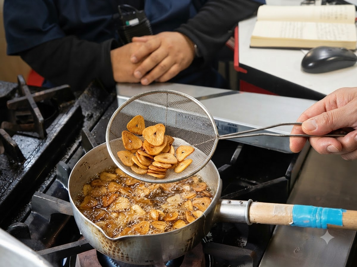 Une écumoire retirant des tranches dail doré de lhuile bouillante dans une casserole.