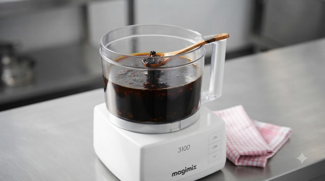 Gros plan sur le bol dun robot culinaire rempli dhuile dail noir riche et fraîchement moulue, avec une cuillère posée près du récipient.