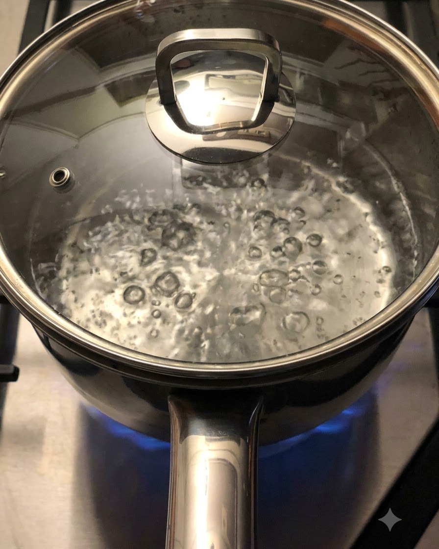 Un couvercle en verre transparent posé sur une casserole deau bouillante qui bouillonne activement sur un brûleur de cuisinière.