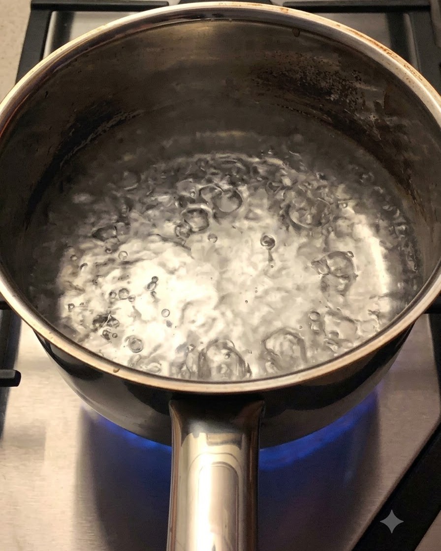 Un bloc de nouilles séchées en train de bouillir dans une casserole deau chaude sur la cuisinière.