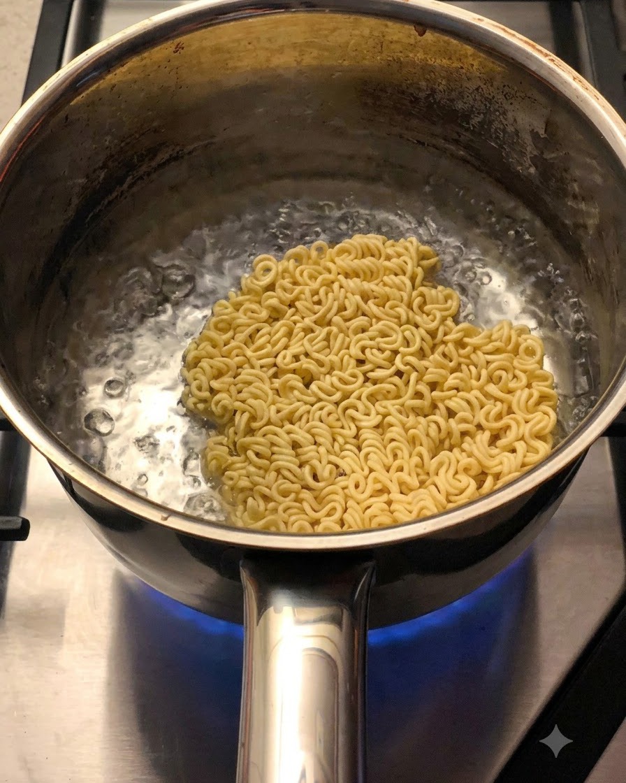 Un bloc de nouilles séchées bouillant dans une casserole avec de lassaisonnement et des flocons de légumes éparpillés dessus.