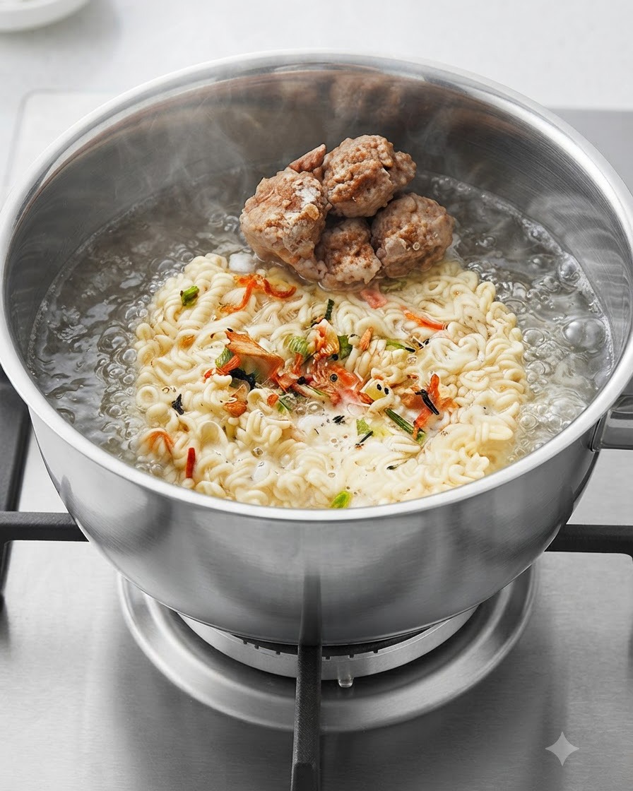 Des boulettes de viande maison reposant sur le bloc de nouilles à lintérieur de la casserole deau bouillante.