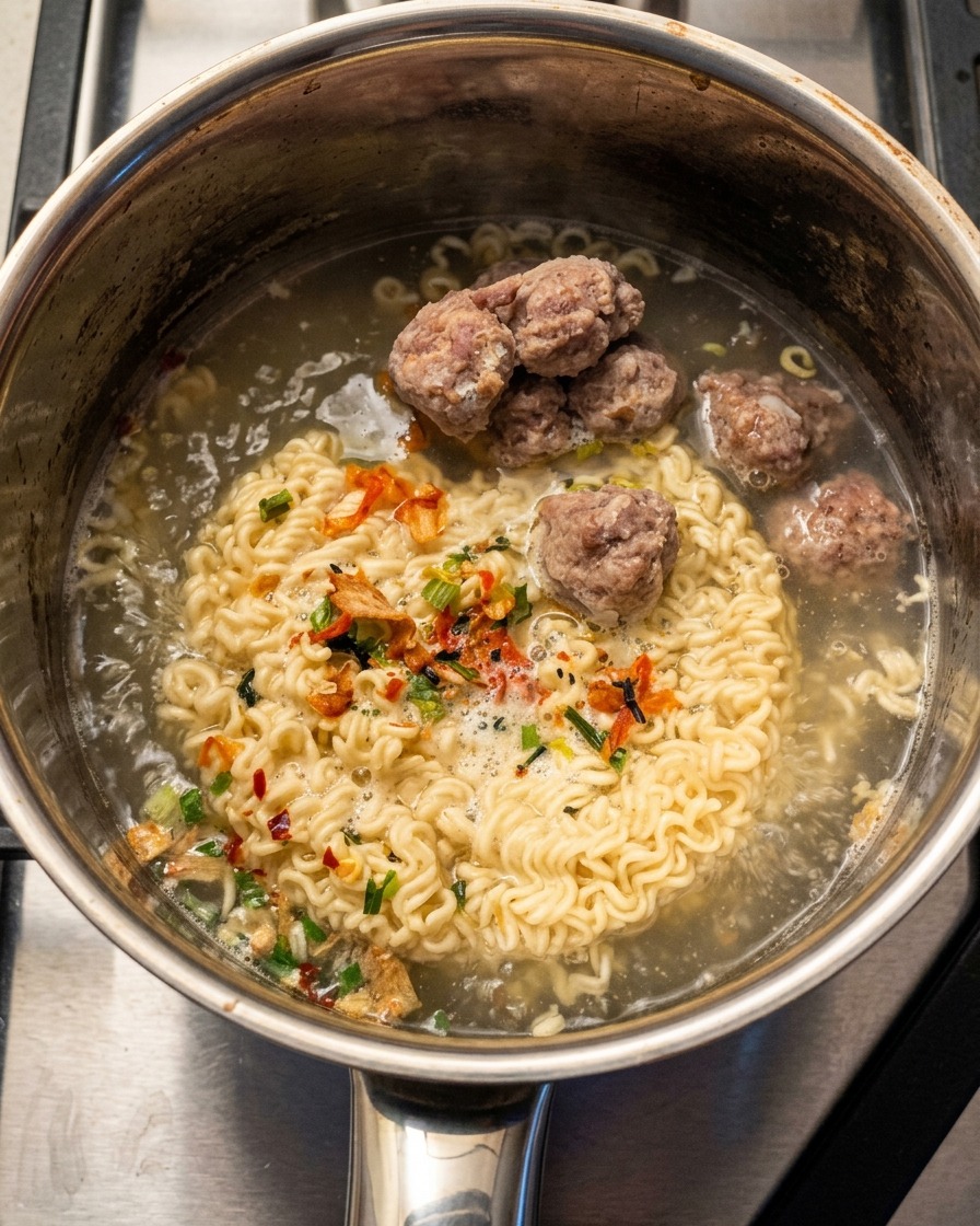 Du tofu blanc coupé en cubes ajouté dans la casserole entourant les nouilles et les boulettes.