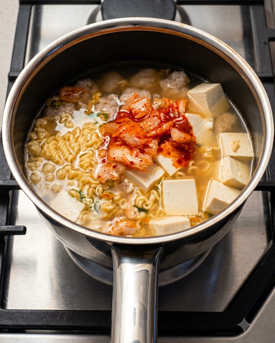 De la poudre dassaisonnement saupoudrée à partir dun petit sachet directement dans une casserole remplie de bouillon, de nouilles, de tofu et de kimchi.