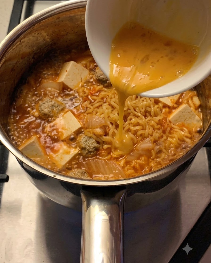 Un œuf battu coulant dun bol blanc dans la soupe de ramen bouillante avec des nouilles et du tofu.