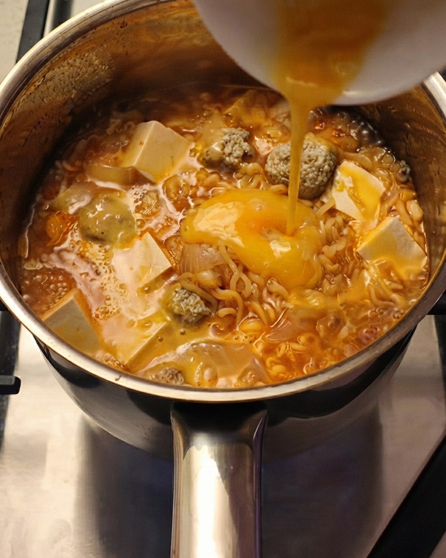 Des oignons verts fraîchement hachés saupoudrés sur une casserole frémissante de nouilles et de soupe aux œufs.