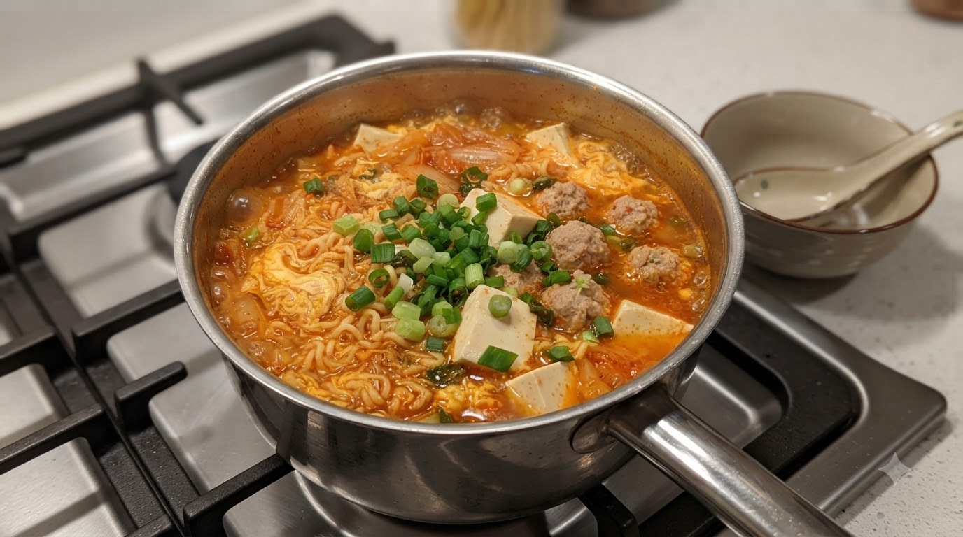 Une casserole bouillante de Shin Ramyun au kimchi garnie de boulettes, de cubes de tofu tendre, de fils dœufs et doignons verts frais