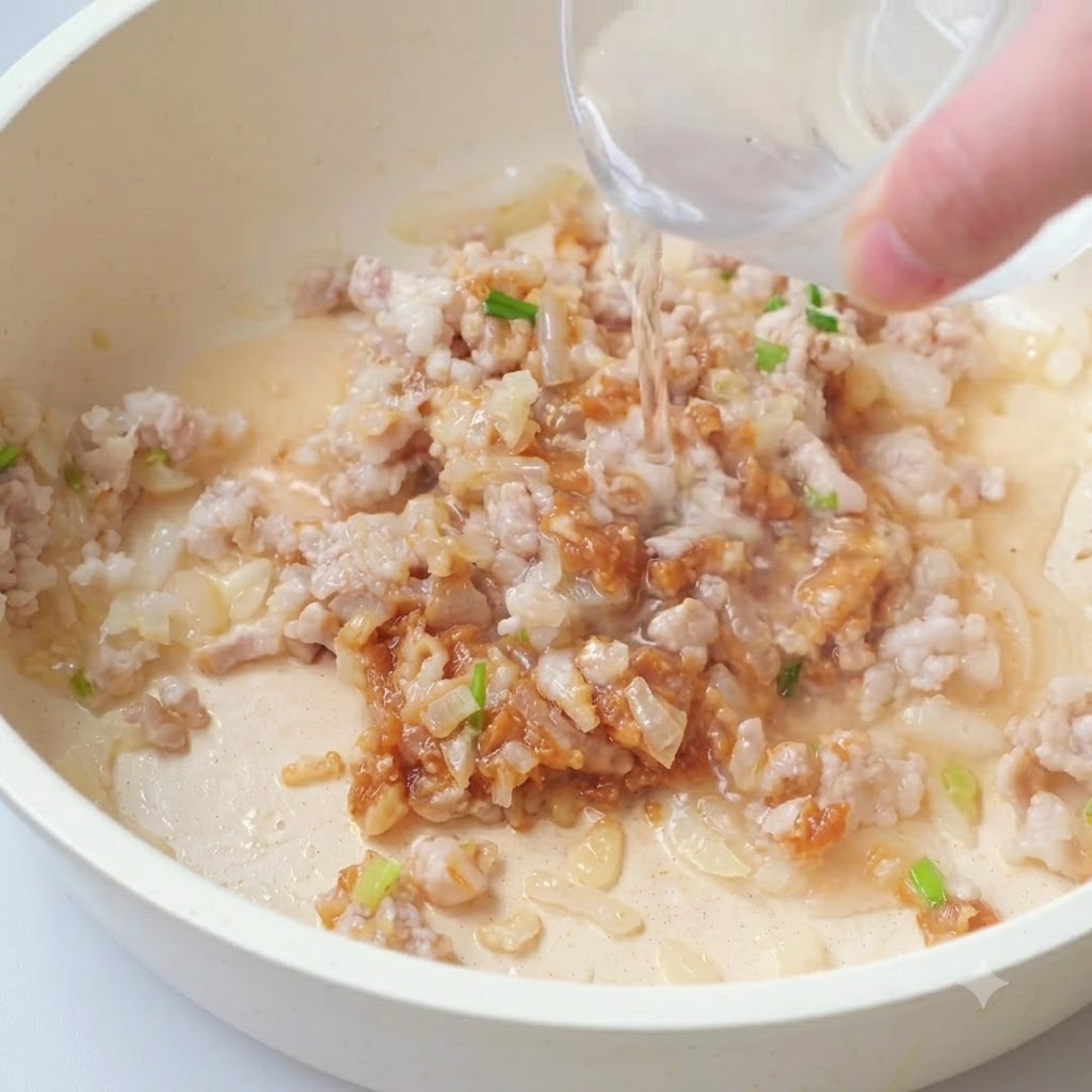 Eau versée dans la poêle sur le mélange de viande et de sauce.