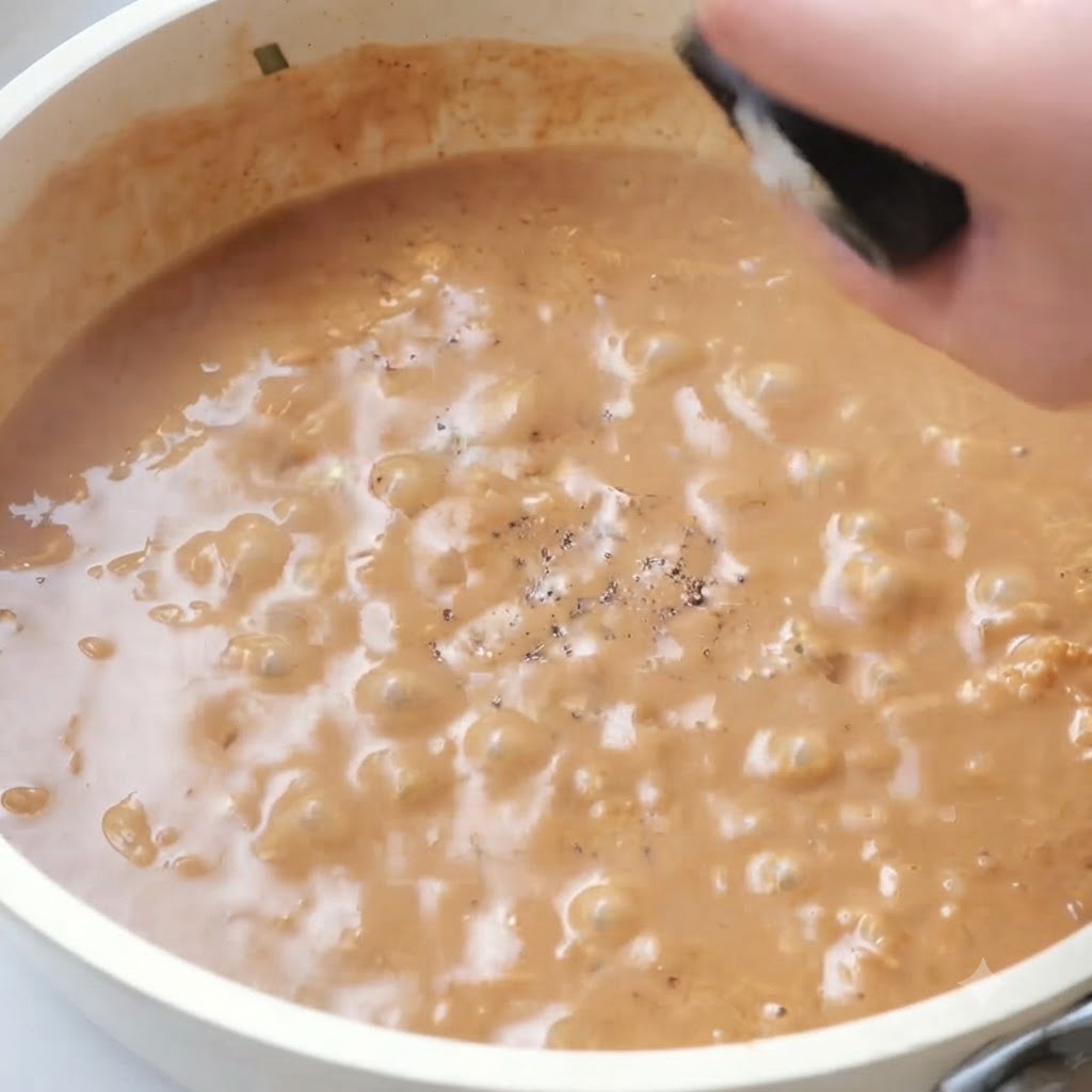 Sauce frémissante qui bouillonne dans une poêle avec du poivre noir saupoudré sur le dessus.