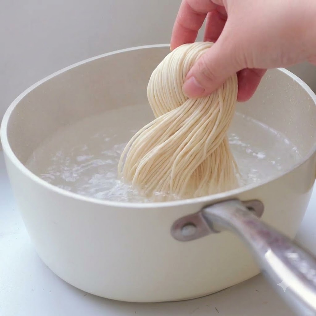 Un paquet de nouilles ramen plongé dans une casserole deau bouillante.