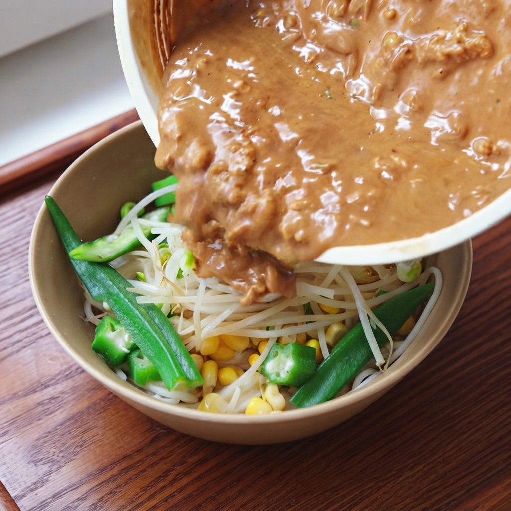 Riche sauce à la viande brune versée dun bol dans un bol de service rempli de nouilles blanches, de pousses de soja vertes, de maïs jaune et de gombo vert vif.