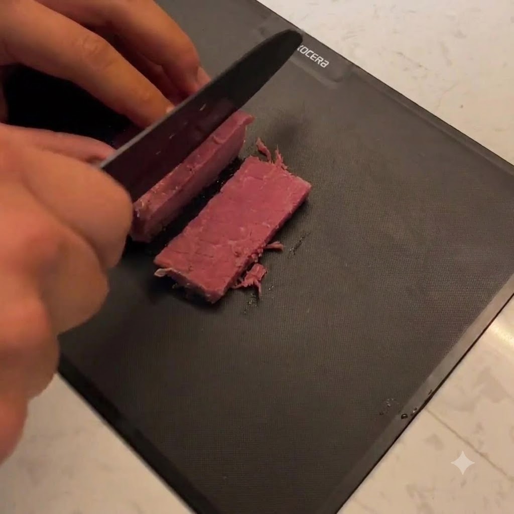 Du bœuf séché coupé en fines tranches sur une planche à découper noire.