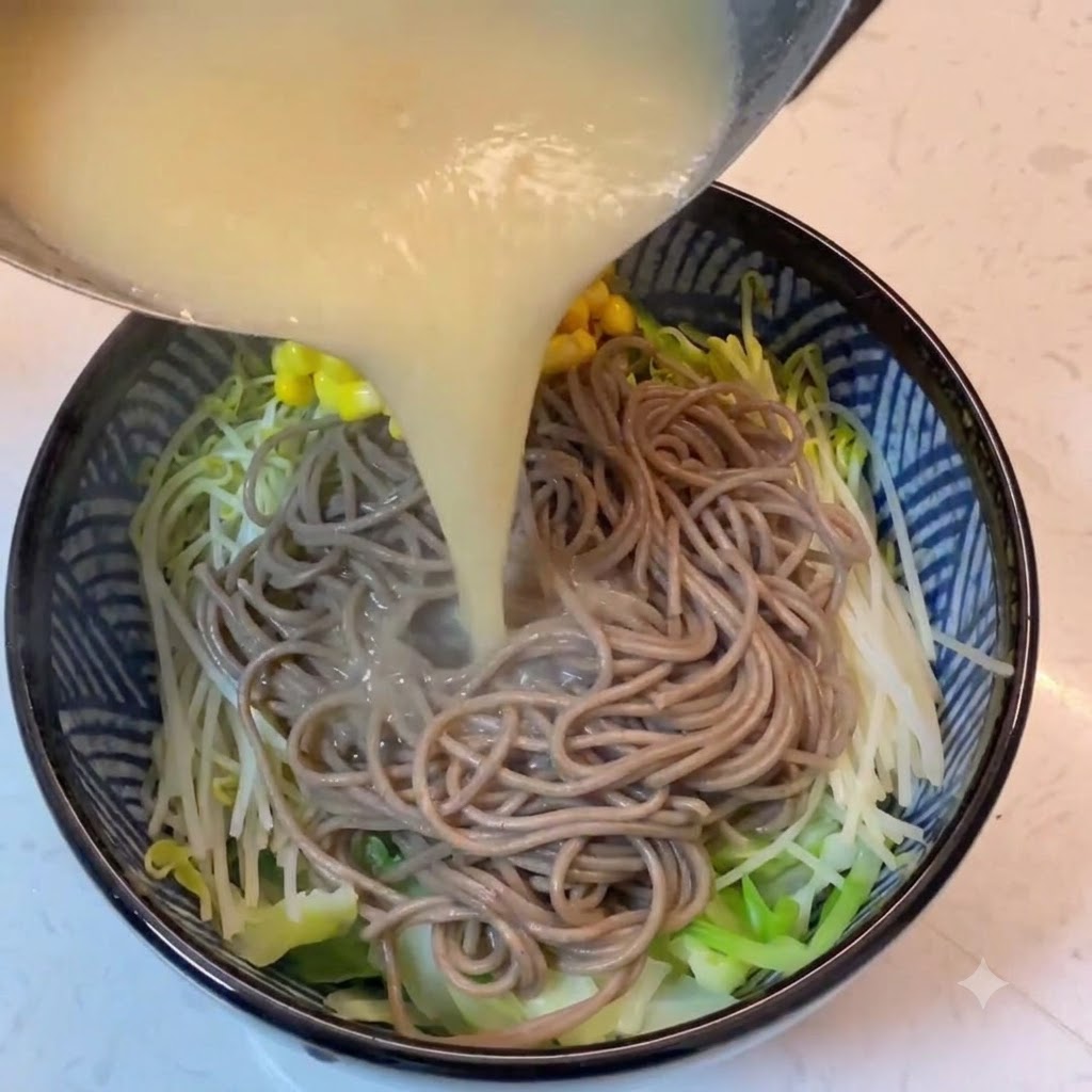 Du bouillon miso blanc chaud et des grains de maïs jaunes versés dune casserole dans un bol de nouilles et de légumes.