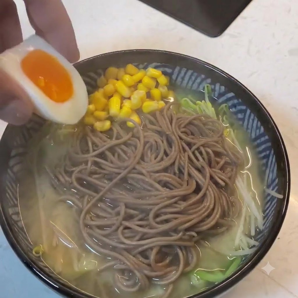 Une main posant un œuf mollet coupé en deux avec un jaune bien orange sur le dessus du bol de ramen au sarrasin et au miso préparé.