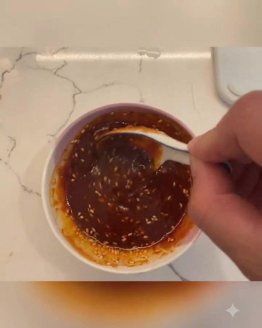 Un petit bol rempli dun mélange de sauce rouge foncé et de graines de sésame remué avec une cuillère.