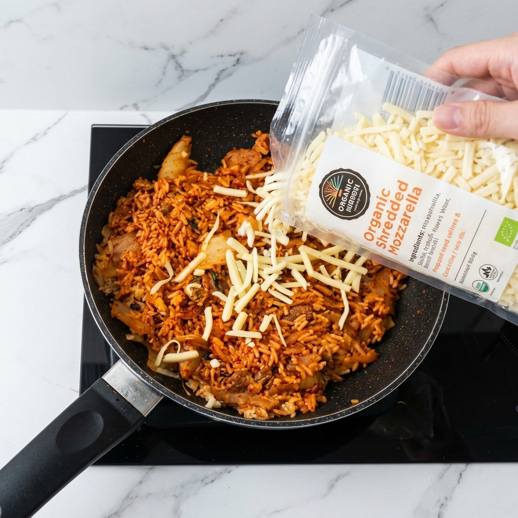 Mozzarella râpée versée dun sachet directement sur le dessus du riz sauté chaud.