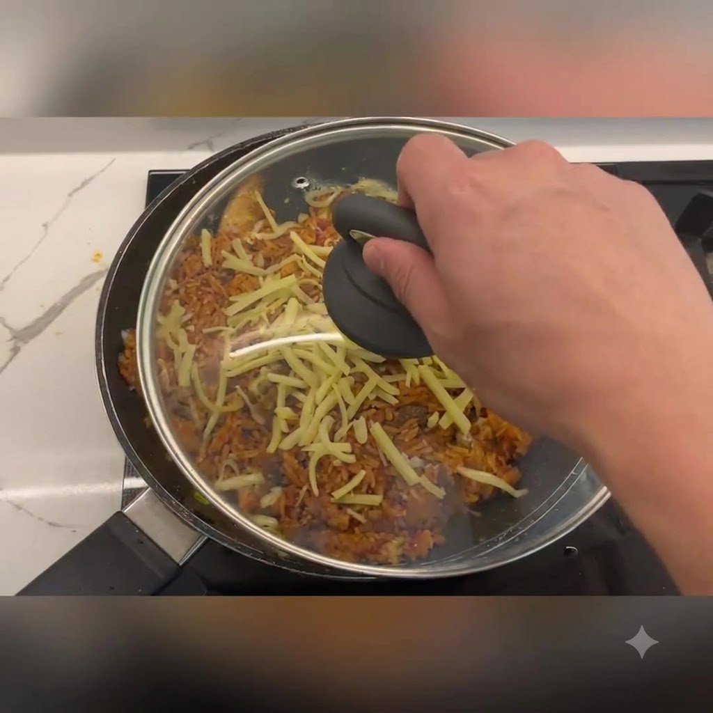 Une main tenant un couvercle en verre par sa poignée sombre, le plaçant sur une poêle remplie de riz sauté et de fromage râpé.