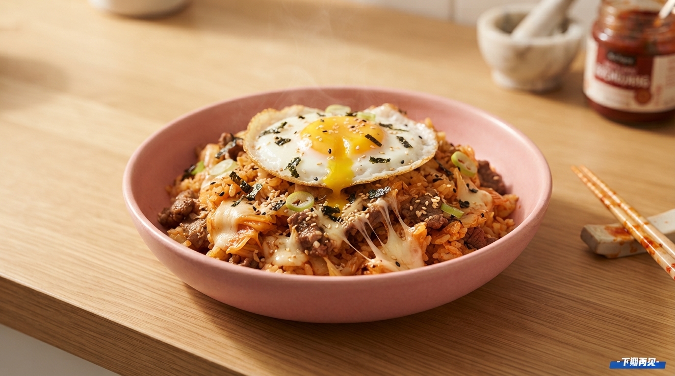 Riz sauté coréen au kimchi, bœuf et fromage, surmonté dun œuf au plat doré dans un bol rose