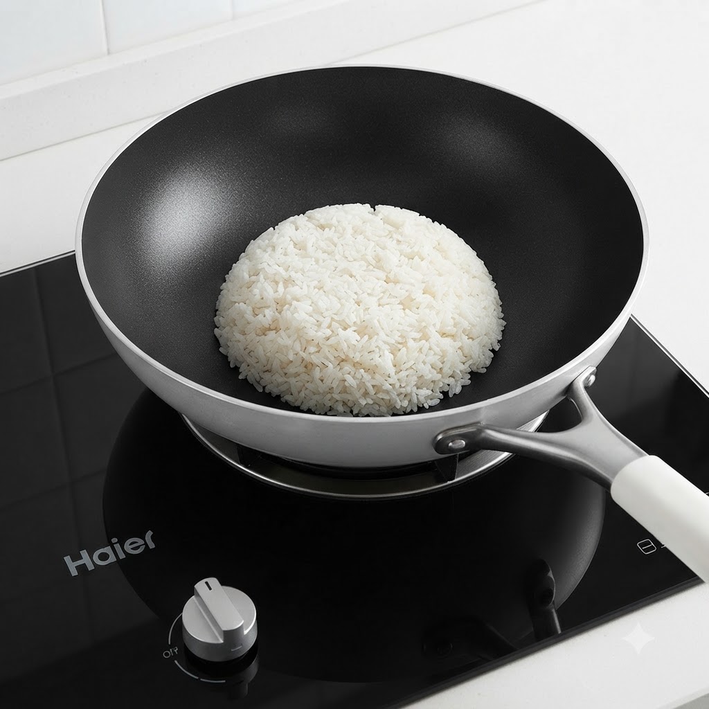 Du riz blanc de la veille, des morceaux de bœuf et des œufs brouillés dans un grand wok prêts à être sautés.