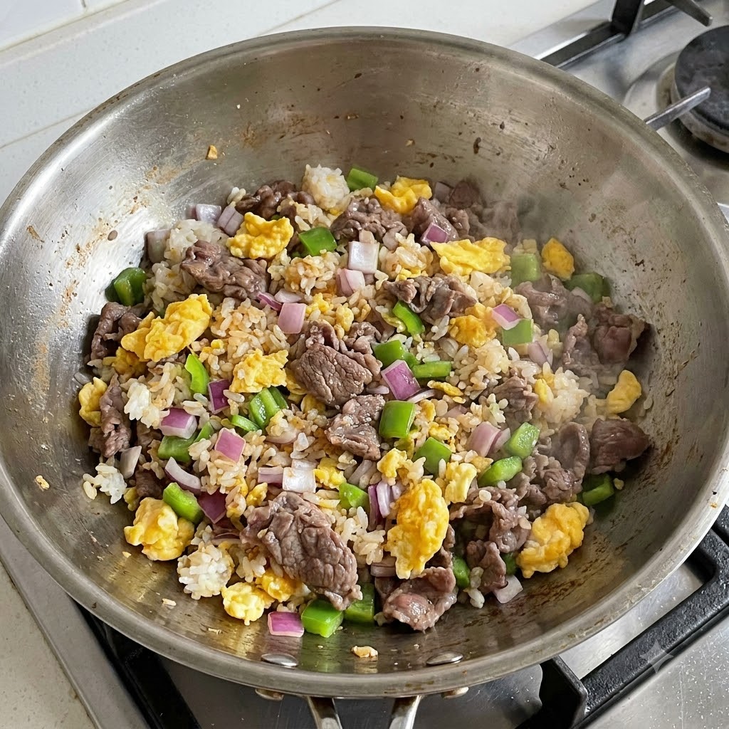 Des oignons rouges coupés en dés, des poivrons verts, du bœuf cuit, des œufs brouillés et du riz sautés ensemble dans un grand wok.