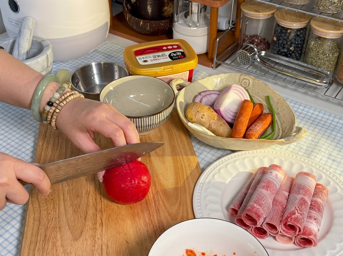 Une tomate rouge tranchée avec un couteau sur une planche à découper en bois à côté dune assiette de bœuf tranché.
