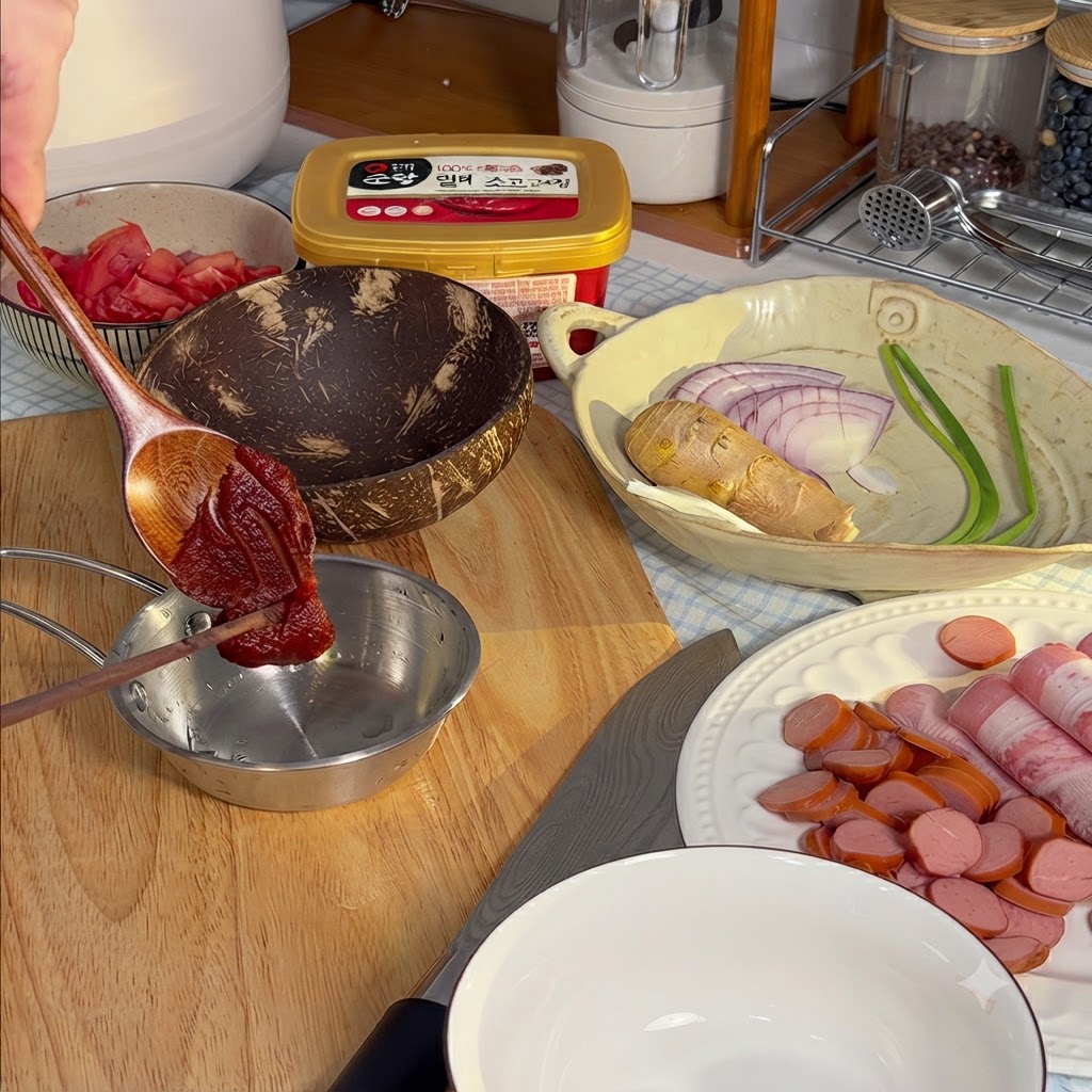 Pâte de piment coréenne et autres condiments mélangés dans un petit bol en métal.